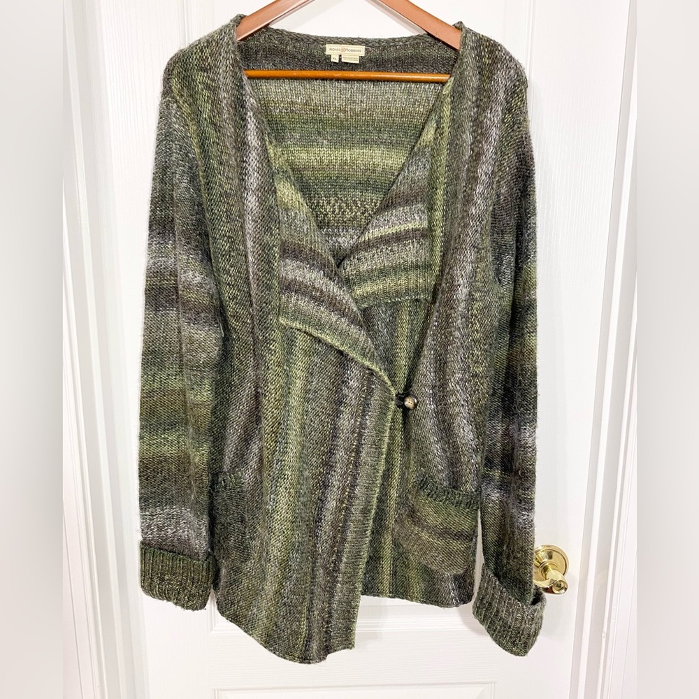 Royal Robbins Fuzzy Wool Blend Striped Drape Cardigan Sweater Olive Size XL